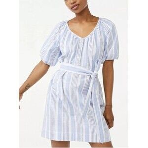 Free Assembly Shirt Dress Womens Small Belted Midi Short Sleeves Blue Stripes